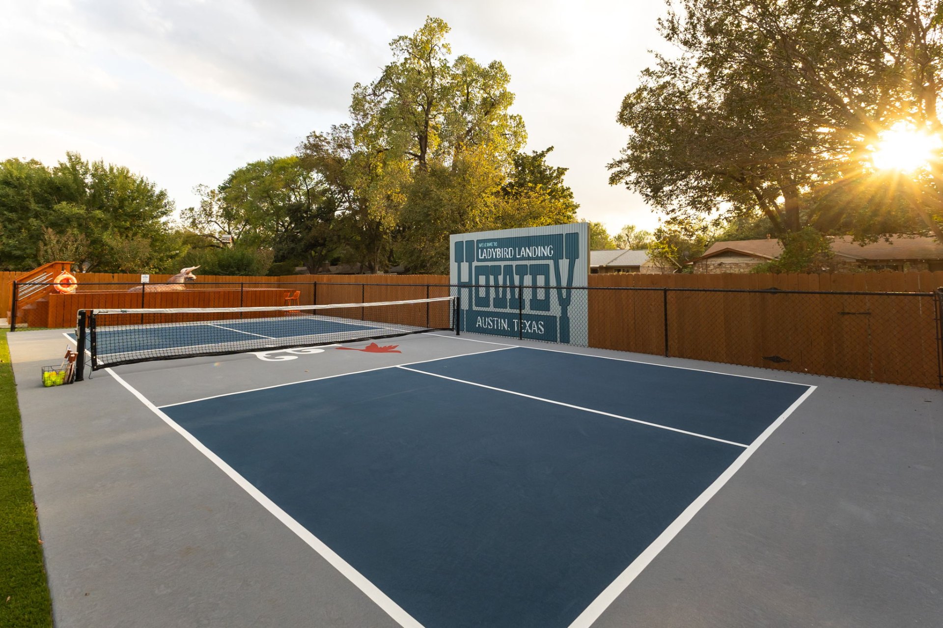 Ladybird Landing pickleball court at sunset